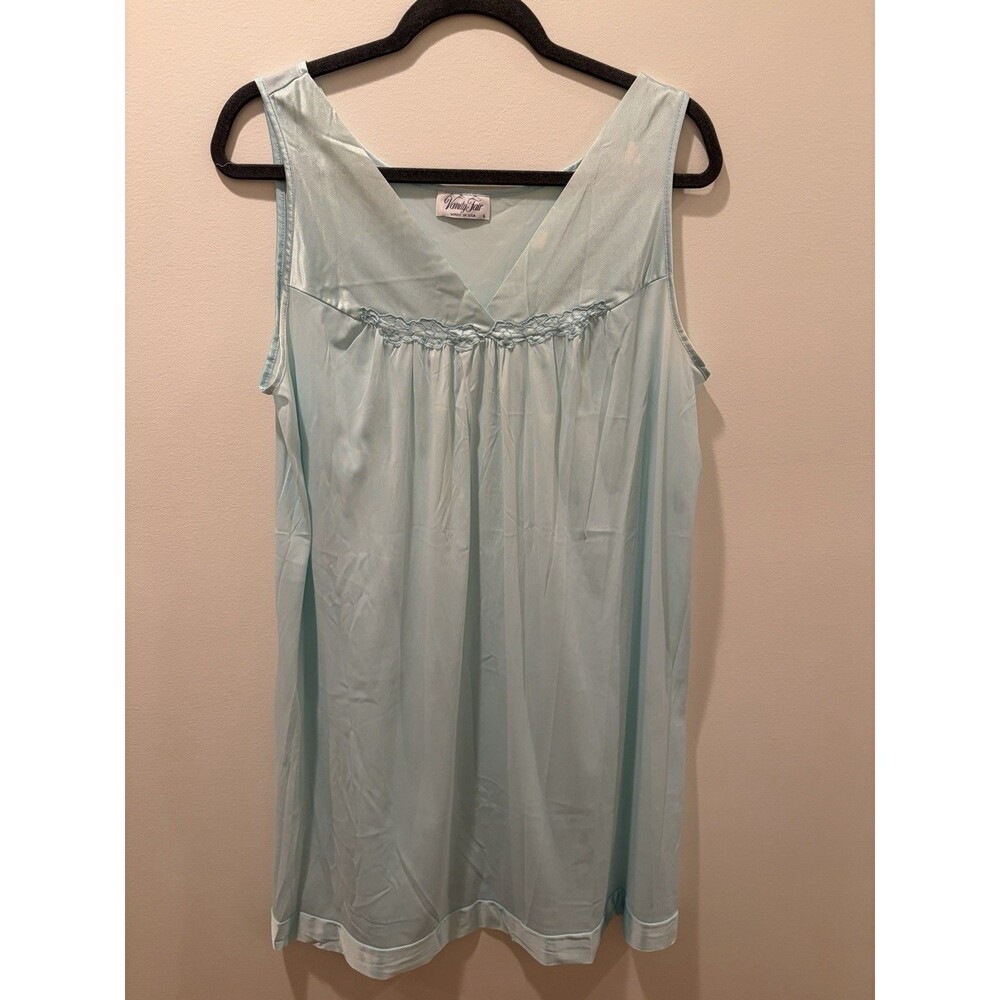Vanity Fair 100% Nylon Short Nightgown Sz L Blue Satin Trim READ